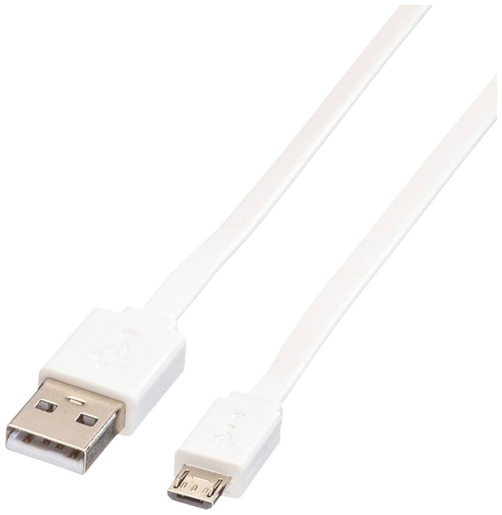 Bílý USB-Micro USB kabel, plochý, pro přenos dat nebo nabíjení. Pravoúhlý USB konektor a menší Micro USB zástrčka.