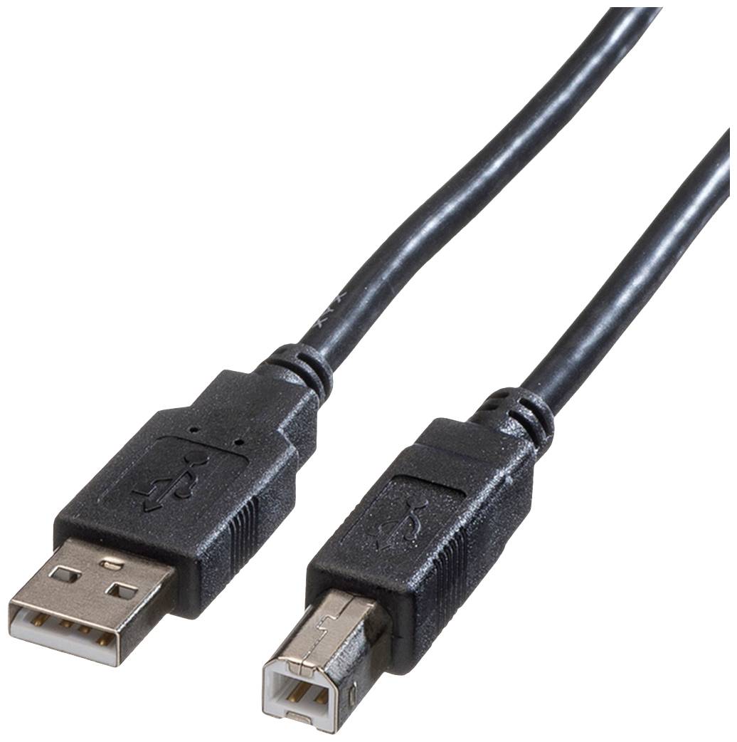 Dva USB kabely: Vlevo konektor USB-A a vpravo konektor USB-B, často používané pro počítače a tiskárny.