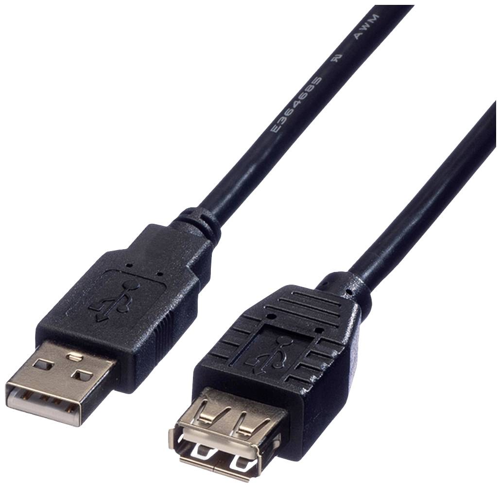 Černý prodlužovací USB kabel s konektorem Typ-A a zásuvkou Typ-A, vhodný pro přenos dat a nabíjení.
