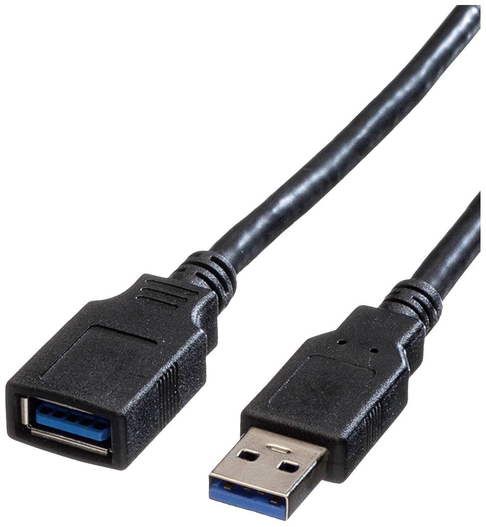 USB prodlužovací kabel s konektorem samec-samice, černý, vhodný pro přenos dat a napájení.