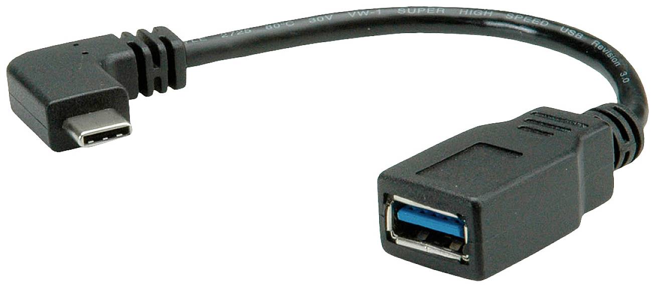 Adaptační kabel USB-C na USB-A v černé barvě, s lomením konektoru, umožňující připojení zařízení s USB-A ke konektorům USB-C.