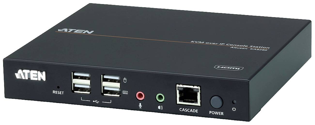 Černé zařízení ATEN KVM s několika USB porty, audio konektory a LAN portem. Označení modelu a logo jsou viditelné.