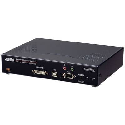 Černá KVM rozšiřující jednotka s různými konektory, včetně DVI, USB a audia, na bílém pozadí.