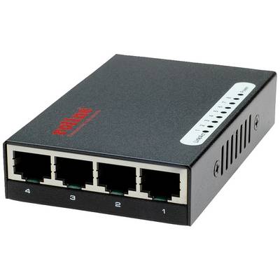 Černý ethernetový switch se čtyřmi porty, očíslovanými od 1 do 4, s indikačními LED diodami na horní straně.