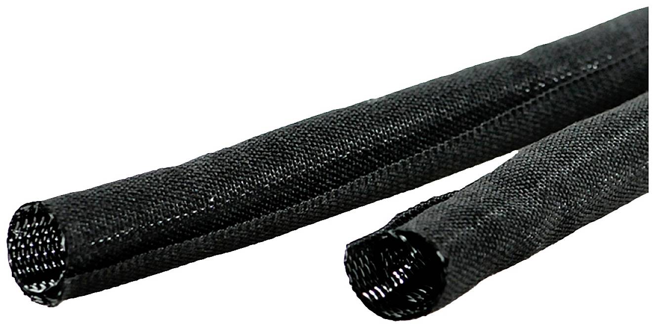 Dva černé, flexibilní ochranné hadice z tkaného materiálu, které se používají k seskupování a izolaci kabelů.