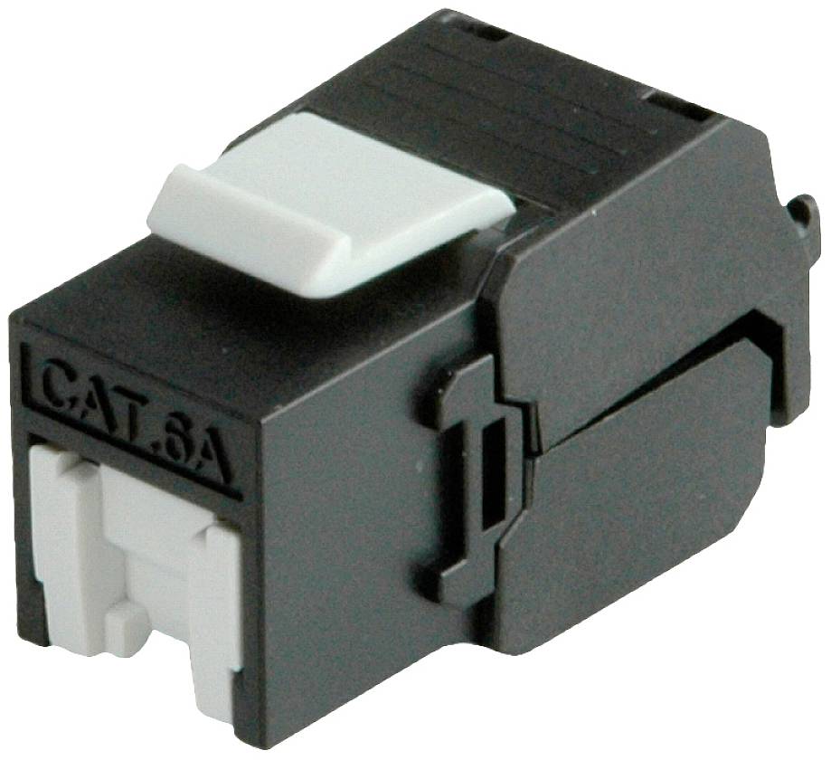 Černý síťový keystone jack CAT.6A s bílým plastovým mechanismem nahoře, používaný pro připojení ethernetových kabelů v síťových systémech.