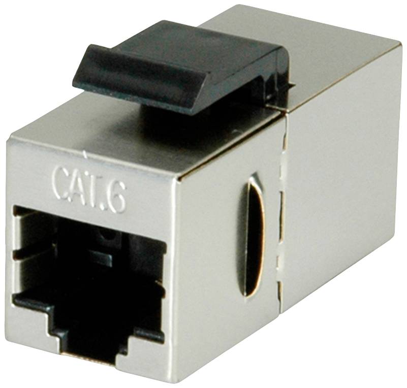 Síťový konektor CAT.6, stříbrné barvy, s černým uvolňovacím tlačítkem, vhodný pro ethernetová připojení v sítích.
