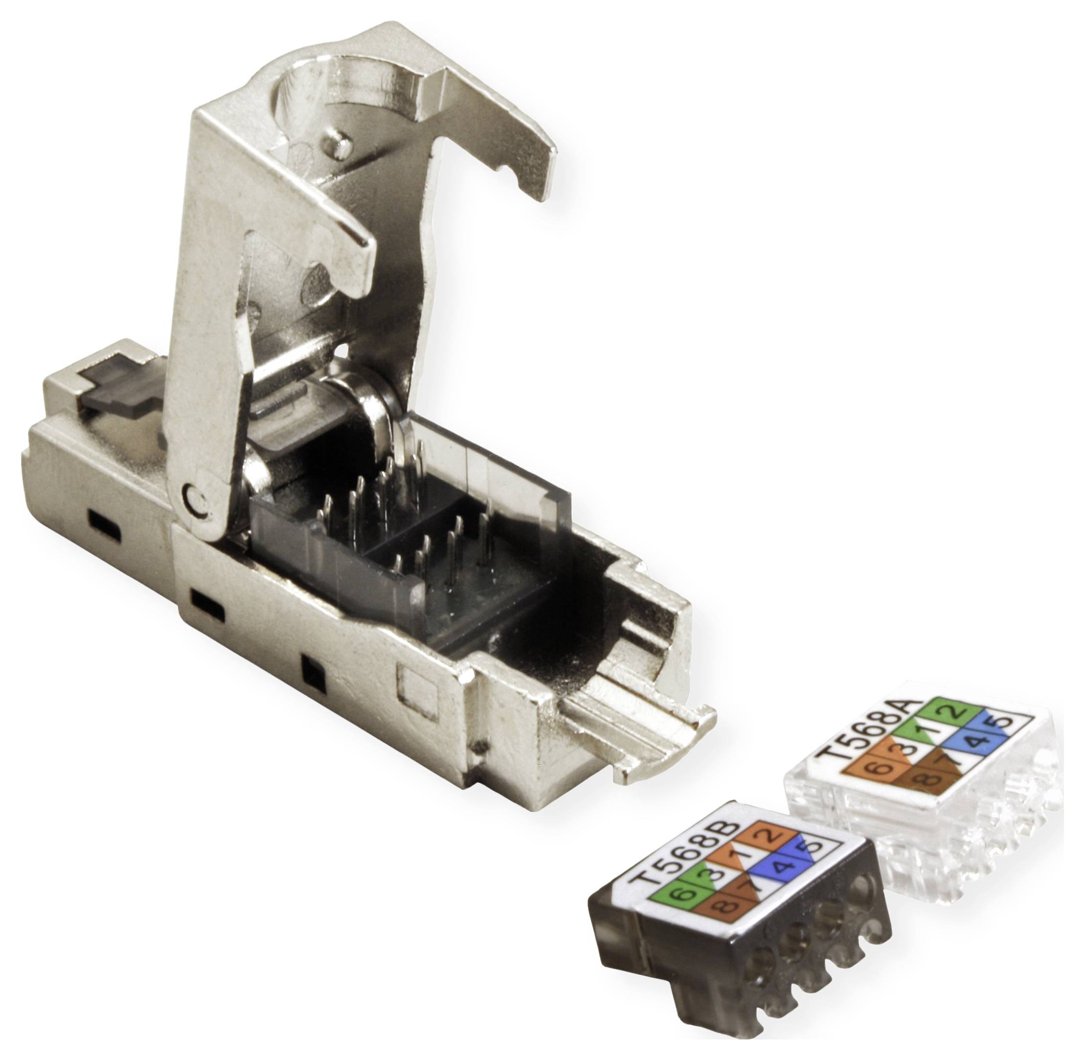 RJ45 konektor s kovovým pouzdrem, zobrazen v otevřeném pohledu. Vedle jsou dva sady barevně kódovaných patch kabelů, T568A a T568B.
