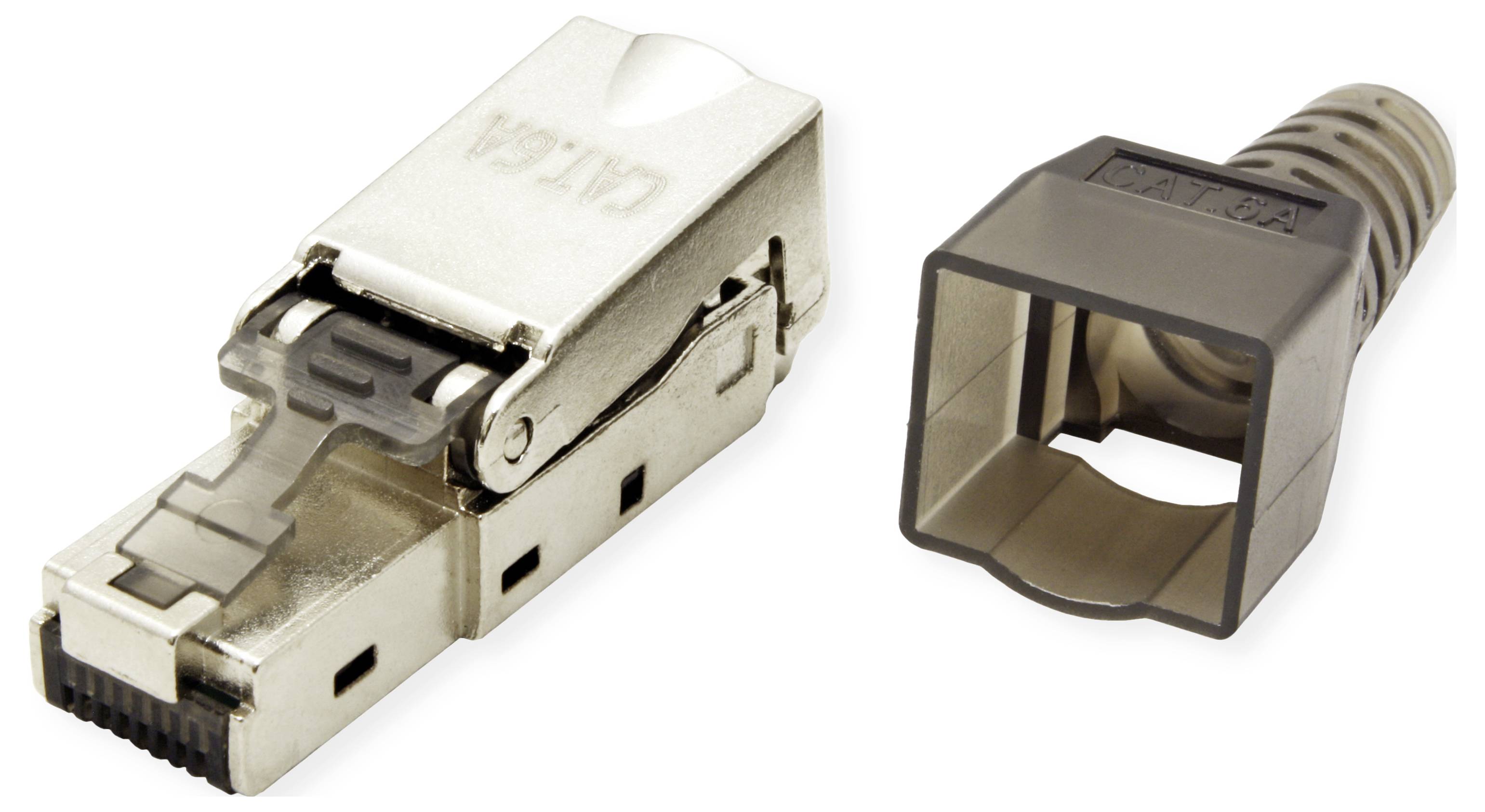 Modulární RJ45 konektor s kovovým pouzdrem a příslušným průhledným plastovým krytem, oba určené pro síťové kabely.