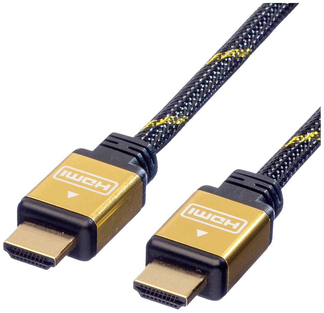 Dva černé HDMI kabely se zlatými konektory a žlutými akcenty, vhodné pro přenos audio a video signálů.