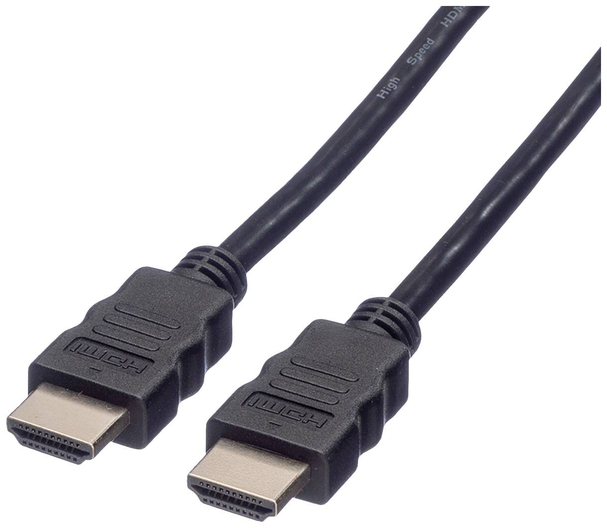 Černý HDMI kabel se dvěma konektory, který se používá pro přenos audio a video dat mezi zařízeními.