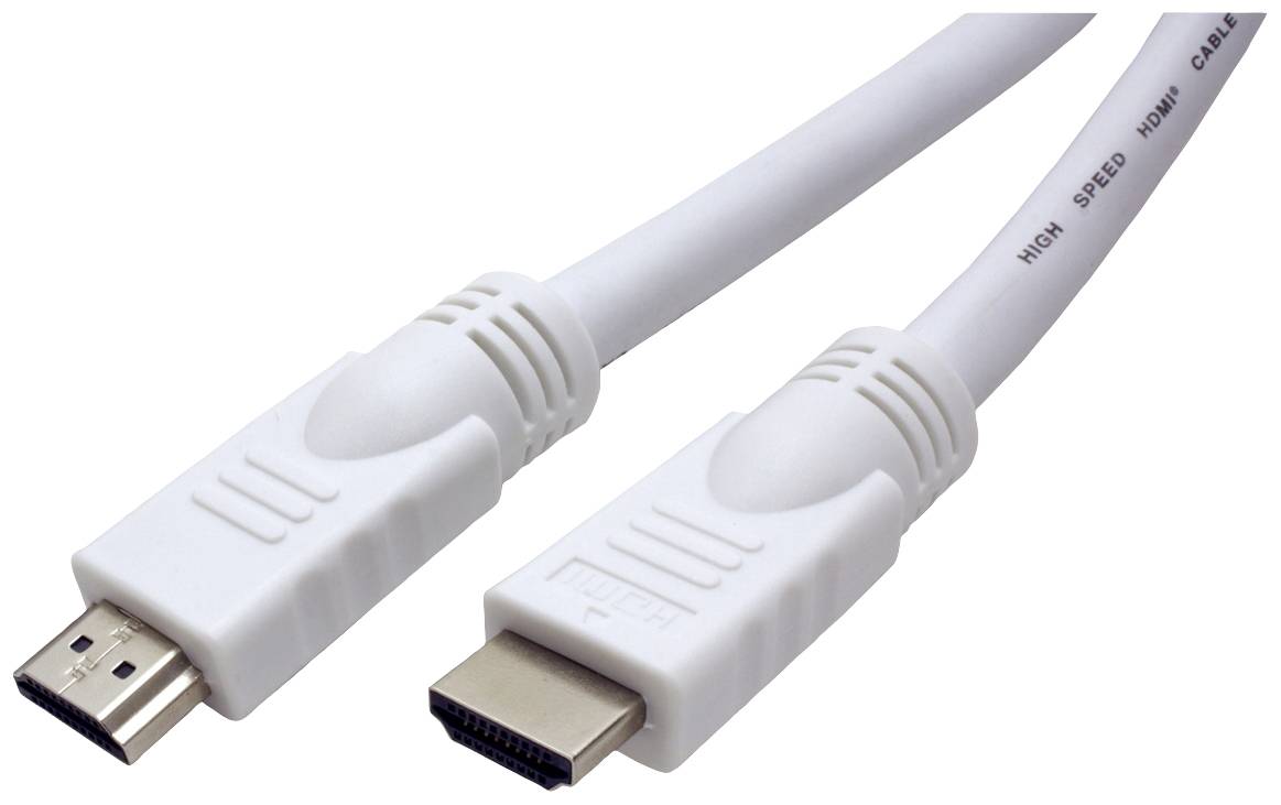 Bílý HDMI kabel se dvěma konektory, který přenáší digitální audio a video data. Vhodný pro TV, monitor nebo projektor.