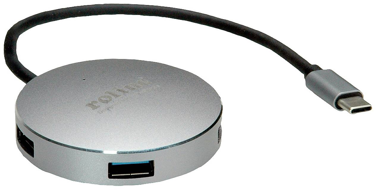 USB-C hub s několika USB porty a kruhovým designem pro rozšíření možností připojení k počítačům nebo zařízením.