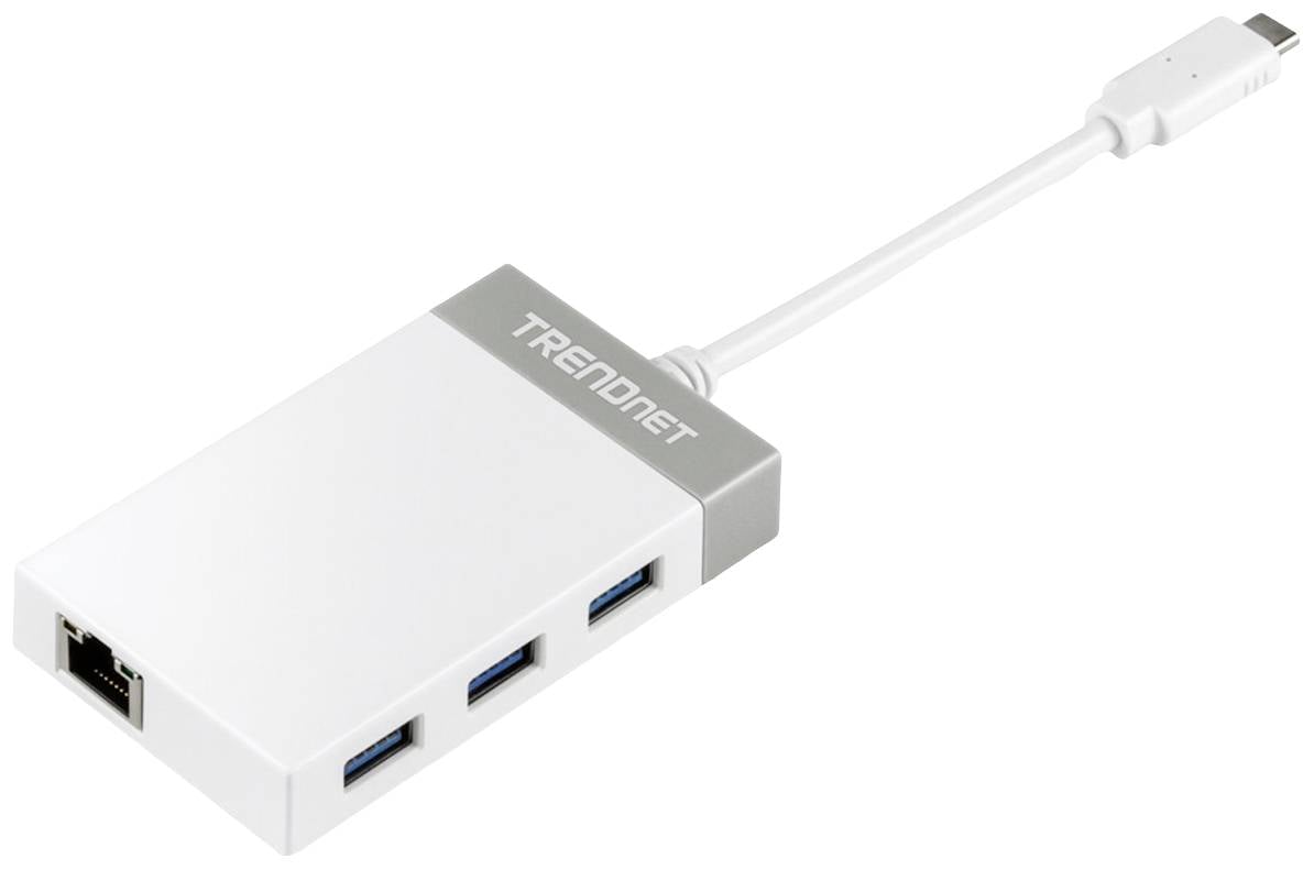 Externí USB-C hub od TRENDnet se třemi USB 3.0 porty a jedním ethernetovým portem, připojený krátkým kabelem.