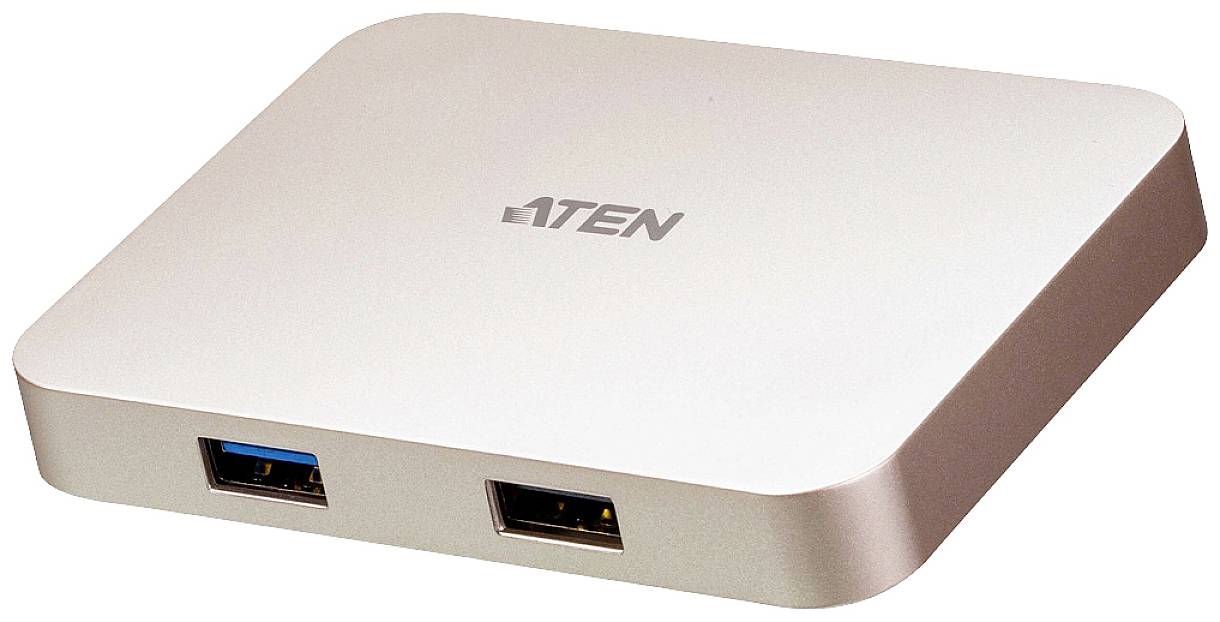 Bílý USB rozbočovač se dvěma USB porty na přední straně, kompaktní a minimalistický design, označený nápisem 'ATEN'.