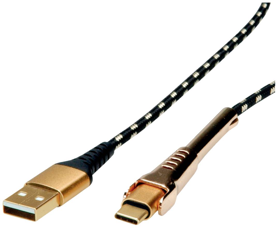 USB-A na USB-C kabel s opletaným designem, zlaté a černé barvy, pro propojení a přenos dat mezi zařízeními.