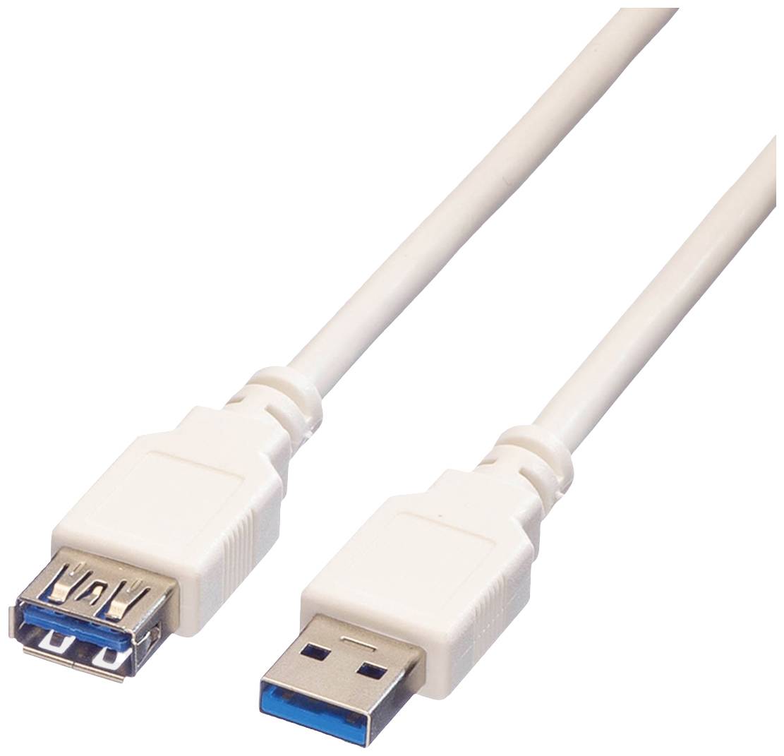 USB 3.0 prodlužovací kabel s jedním samčím a jedním samičím konektorem, bílý.