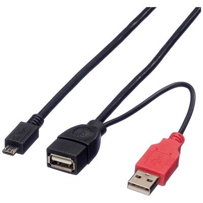 USB adaptační kabel s černým micro-USB konektorem, černou USB zásuvkou a červeným USB konektorem.