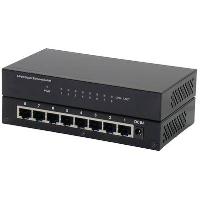 Černý 8portový gigabitový ethernetový switch s indikačními LED diodami pro napájení a aktivitu, který disponuje osmi ethernetovými porty pro síťové připojení.