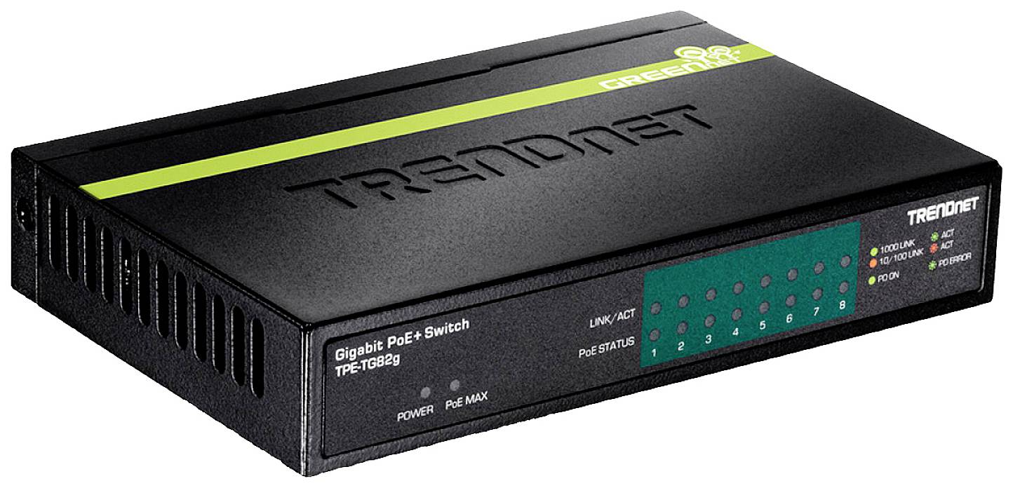 Gigabitový PoE switch TRENDnet (TPE-TG82g) s několika síťovými porty na přední straně, vhodný pro síťová připojení.