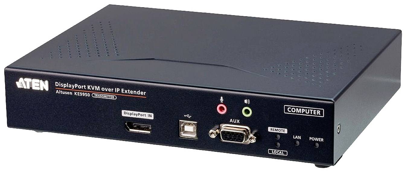 Černý DisplayPort KVM extender od společnosti Aten s porty pro DisplayPort, USB, AUX a VGA. LED indikátory stavu.