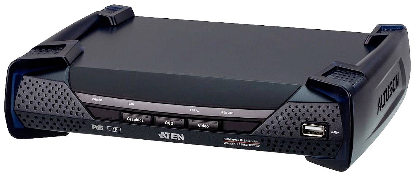 Černý KVM over IP extender značky 'ATEN' s LAN a USB porty, vhodný pro vzdálené ovládání a správu.