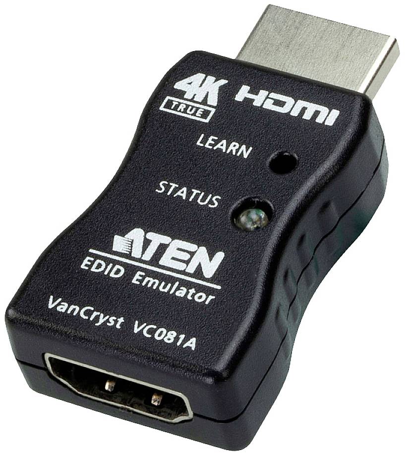 Černý ATEN EDID emulátor pro HDMI připojení se dvěma indikačními LED diodami pro 'UČENÍ' a 'STAV'. Podporuje 4K UHD.