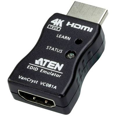 Černý ATEN EDID emulátor pro HDMI připojení se dvěma indikačními LED diodami pro 'UČENÍ' a 'STAV'. Podporuje 4K UHD.