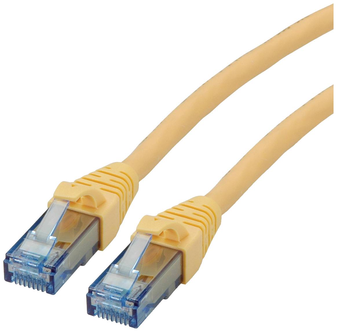 Žlutý ethernetový kabel s dvěma modrými konektory RJ45 uvnitř, který se používá pro připojení síťových zařízení.