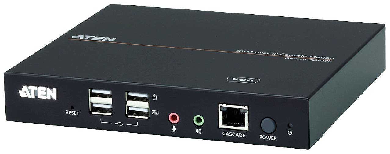 Černý KVM over IP konvertor s USB porty, VGA, síťovým připojením a různými ovládacími tlačítky.