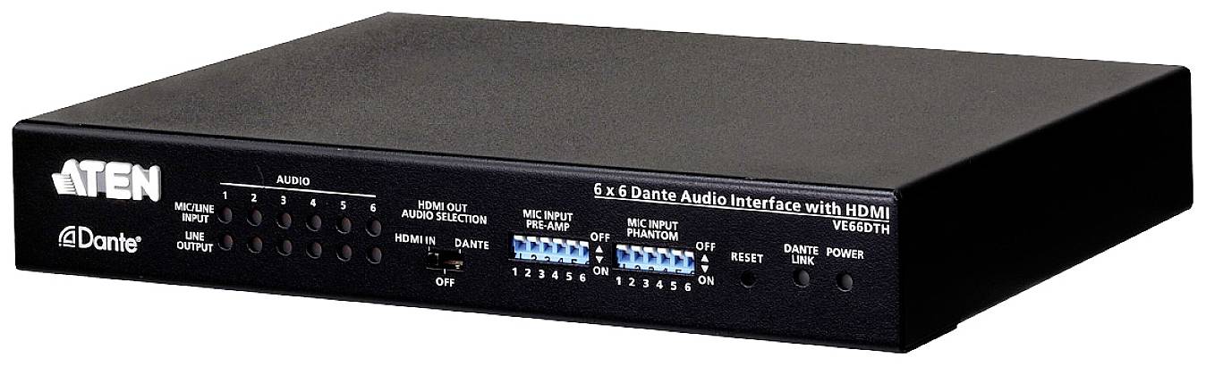Externí audio rozhraní ATEN VE66DTH s Dante a HDMI porty, vhodné pro vysoce kvalitní přenos a síťování audia.