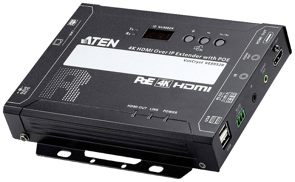 Černý 4K HDMI Over IP extender s POE od společnosti ATEN. Na přední straně jsou viditelné konektory pro HDMI, USB a síť.