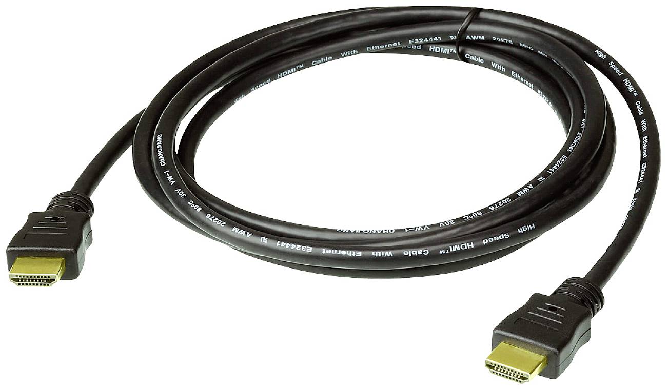 Černý HDMI kabel se dvěma konektory, který se používá pro přenos audio a video signálů mezi zařízeními.