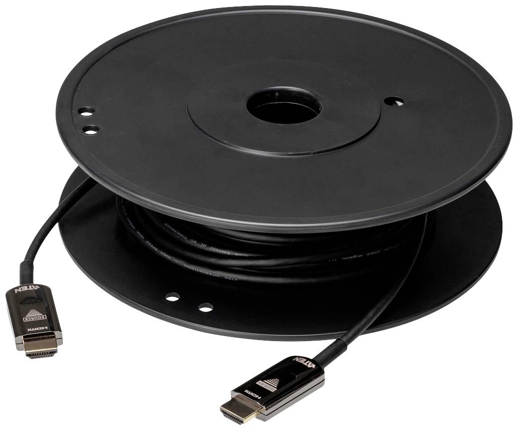 Černá kabelová cívka s namotaným HDMI kabelem, jehož konektory jsou viditelné.