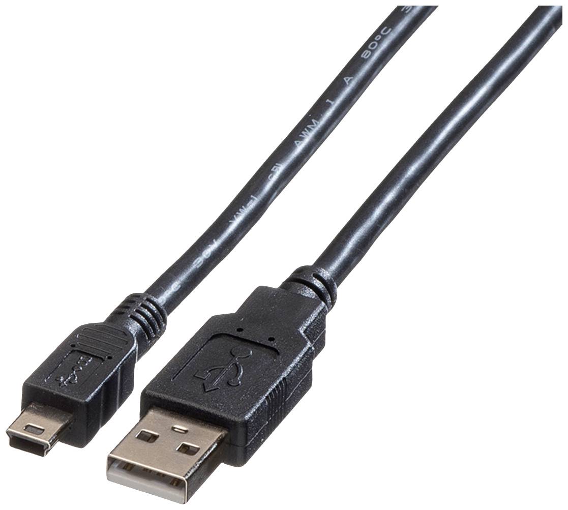USB kabel se standardním USB-A konektorem a mini USB-B konektorem, často používaný pro připojení zařízení jako jsou fotoaparáty.