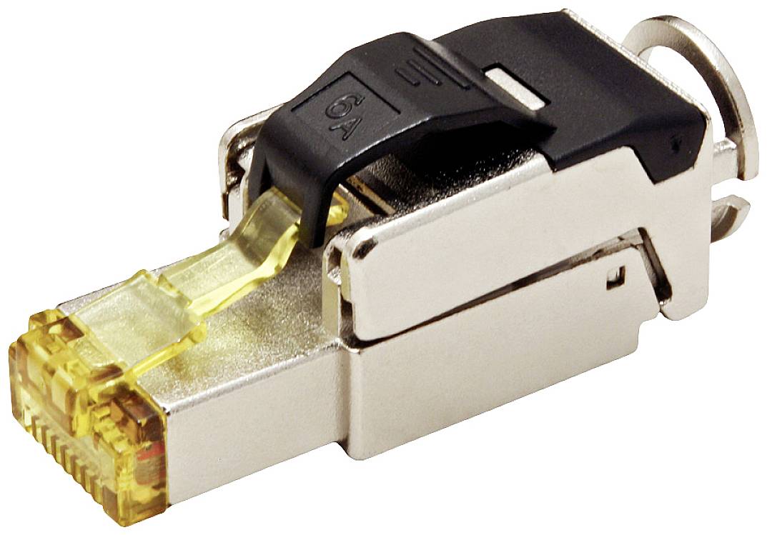 Kovový konektor RJ-45 s černou plastovou příchytkou, vhodný pro síťová připojení, vykazuje robustní konstrukční provedení pro ethernetové kabely.