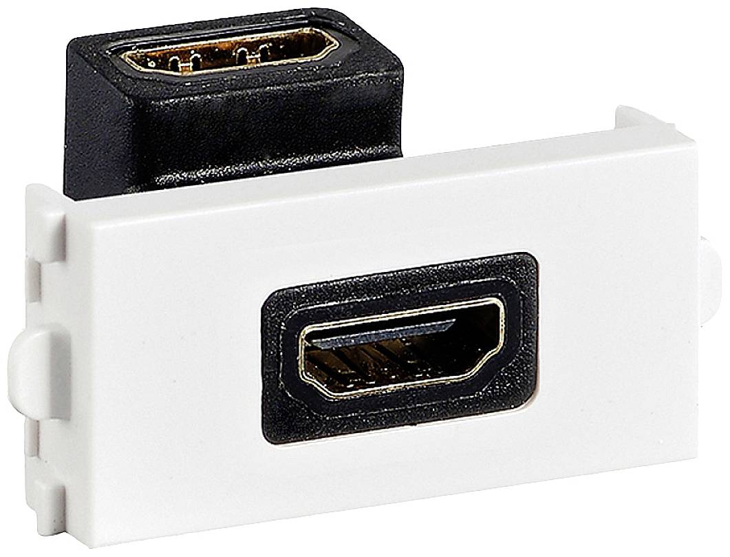 Bílá HDMI zásuvka s černým okrajem v obdélníkovém tvaru, ideální pro nástěnnou montáž v multimediálních instalacích.