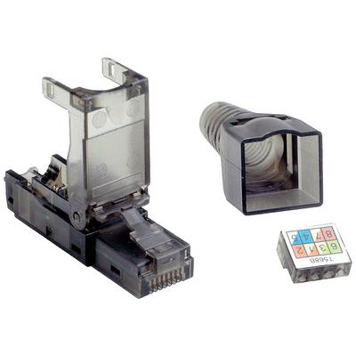 Montovatelná ethernetová zástrčka RJ45 s barevně kódovaným schématem zapojení, zadní částí a krytem kabelu pro rychlou síťovou kabeláž.