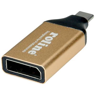 Zlatý USB-C na DisplayPort adaptér s bílým nápisem značky.