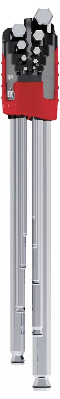 Sada imbus klíčů uspořádaná v červeném držáku s různými velikostmi vyčnívajícími z horní části, ilustrující nástroj používaný pro utahování šroubů.