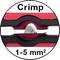 Diagram příčného řezu krimpovacího konektoru s popsaným textem "Krimpovat 1-5 mm²", který zobrazuje vrstvené uspořádání konektoru.