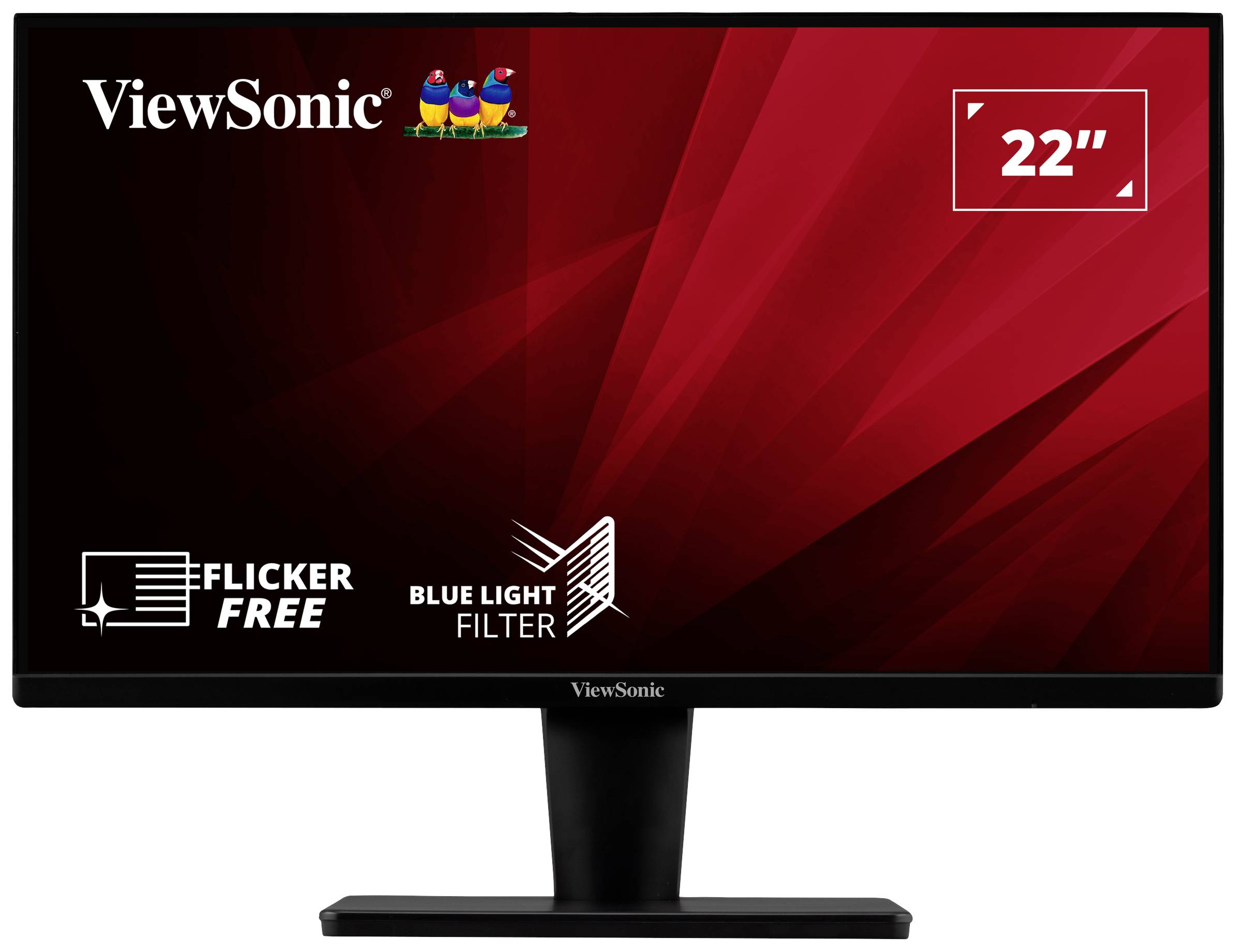 22palcový monitor značky ViewSonic s technologiemi 'Flicker Free' a 'Blue Light Filter' na červeném pozadí.