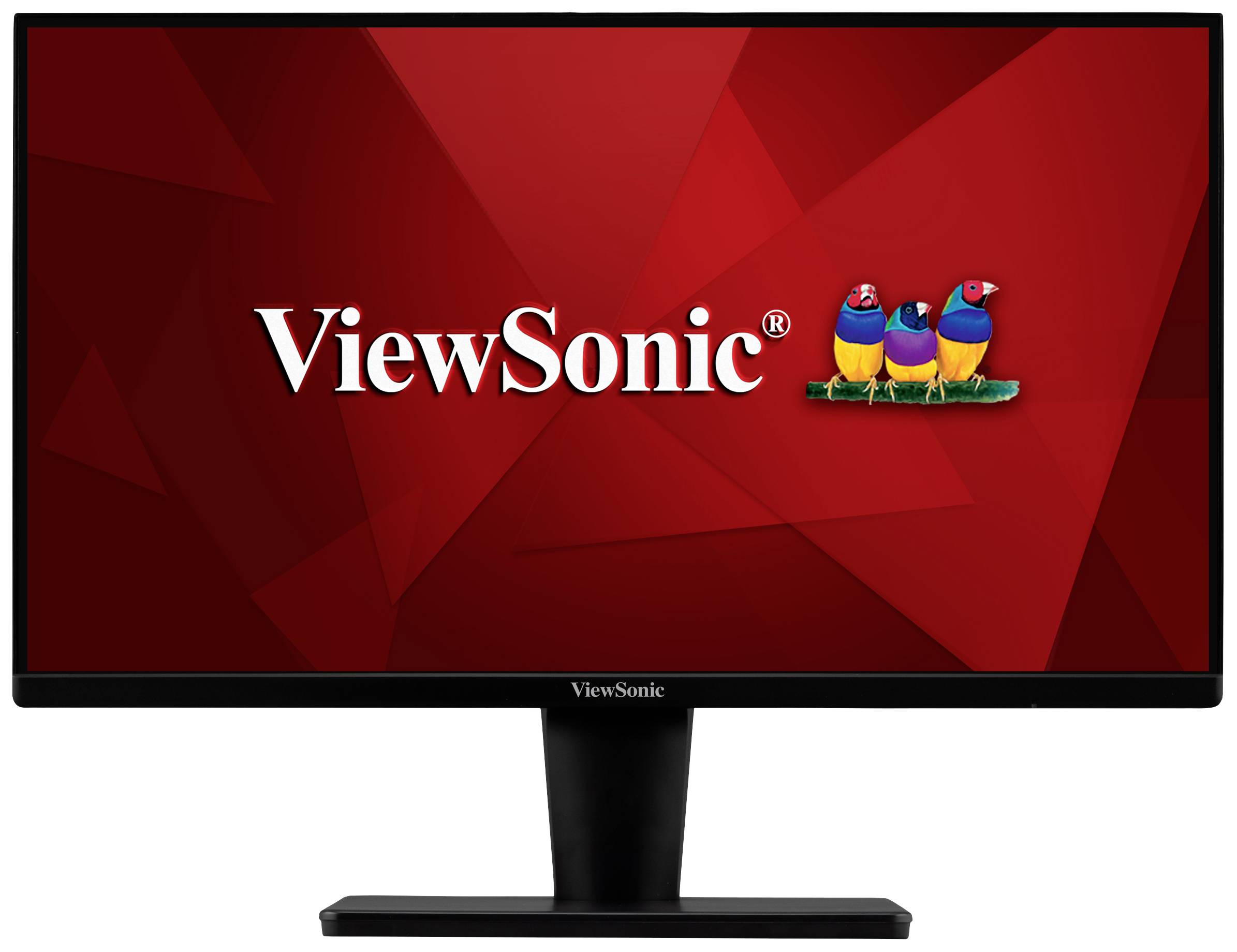 Počítačový monitor od ViewSonic zobrazuje logo a symbol se třemi barevnými ptáky na červeném pozadí.