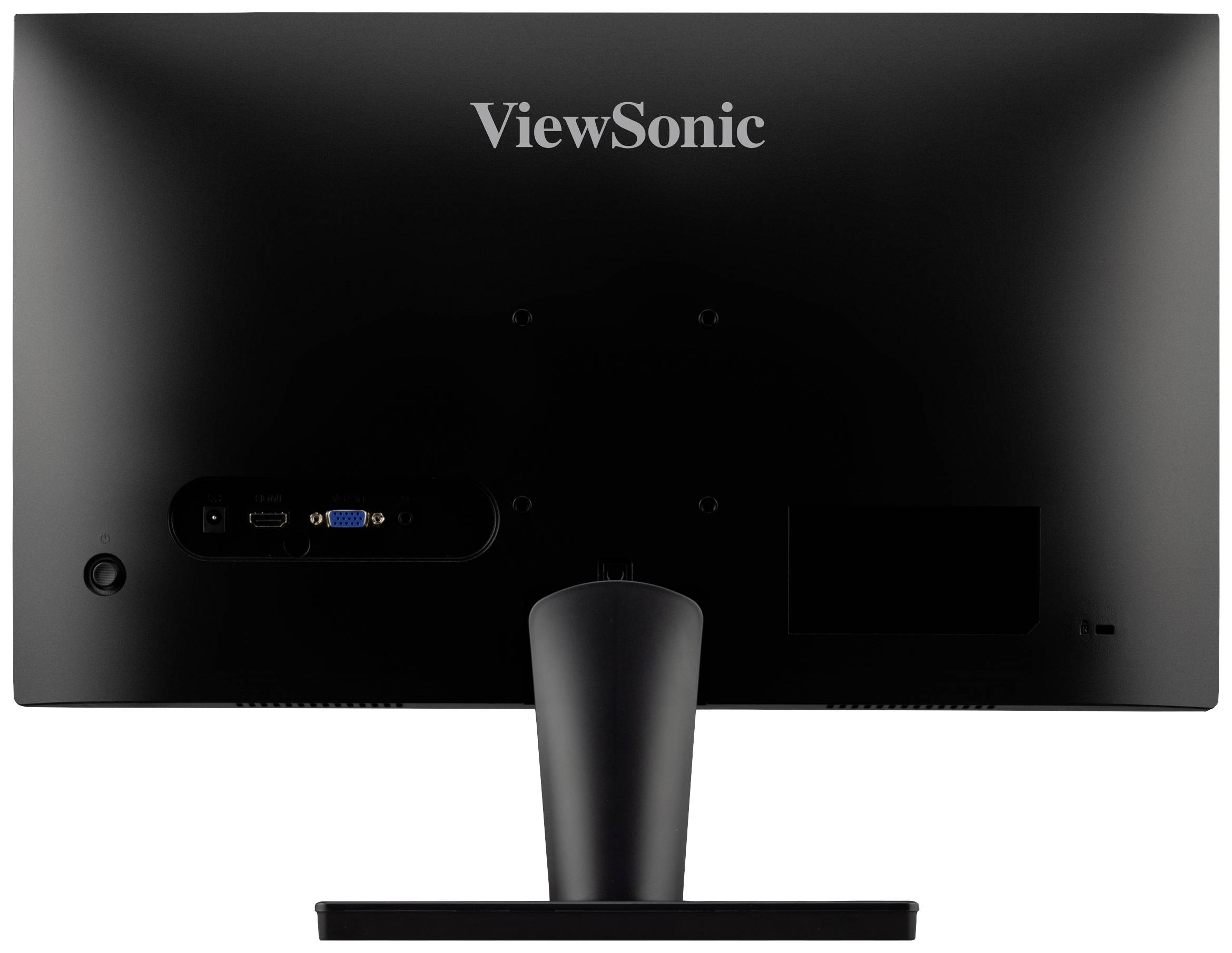 Pohled zezadu na černý monitor ViewSonic s HDMI a VGA porty vlevo.