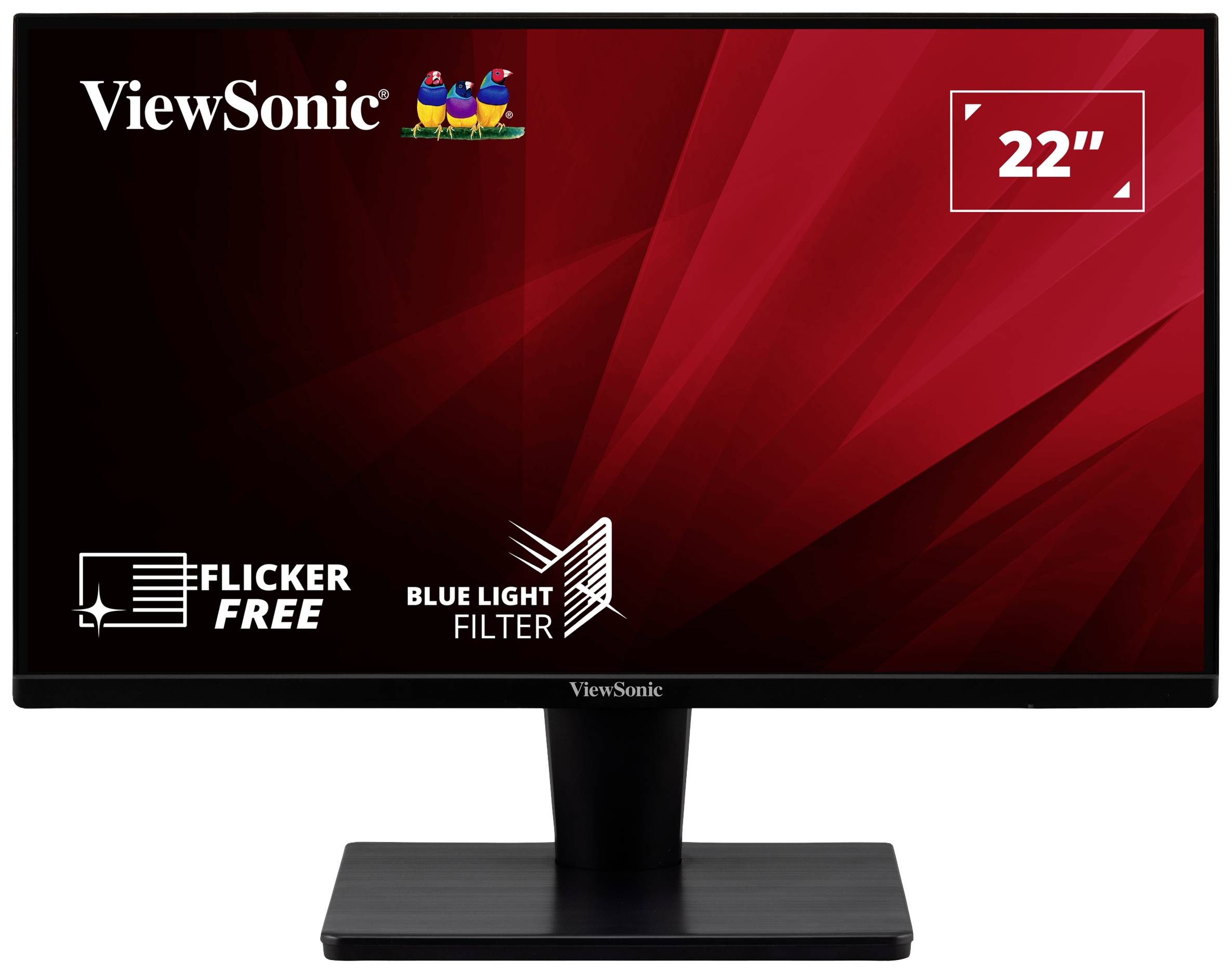 22palcový monitor od ViewSonic s funkcemi jako 'Flicker Free' a 'Blue Light Filter' na červeném pozadí.