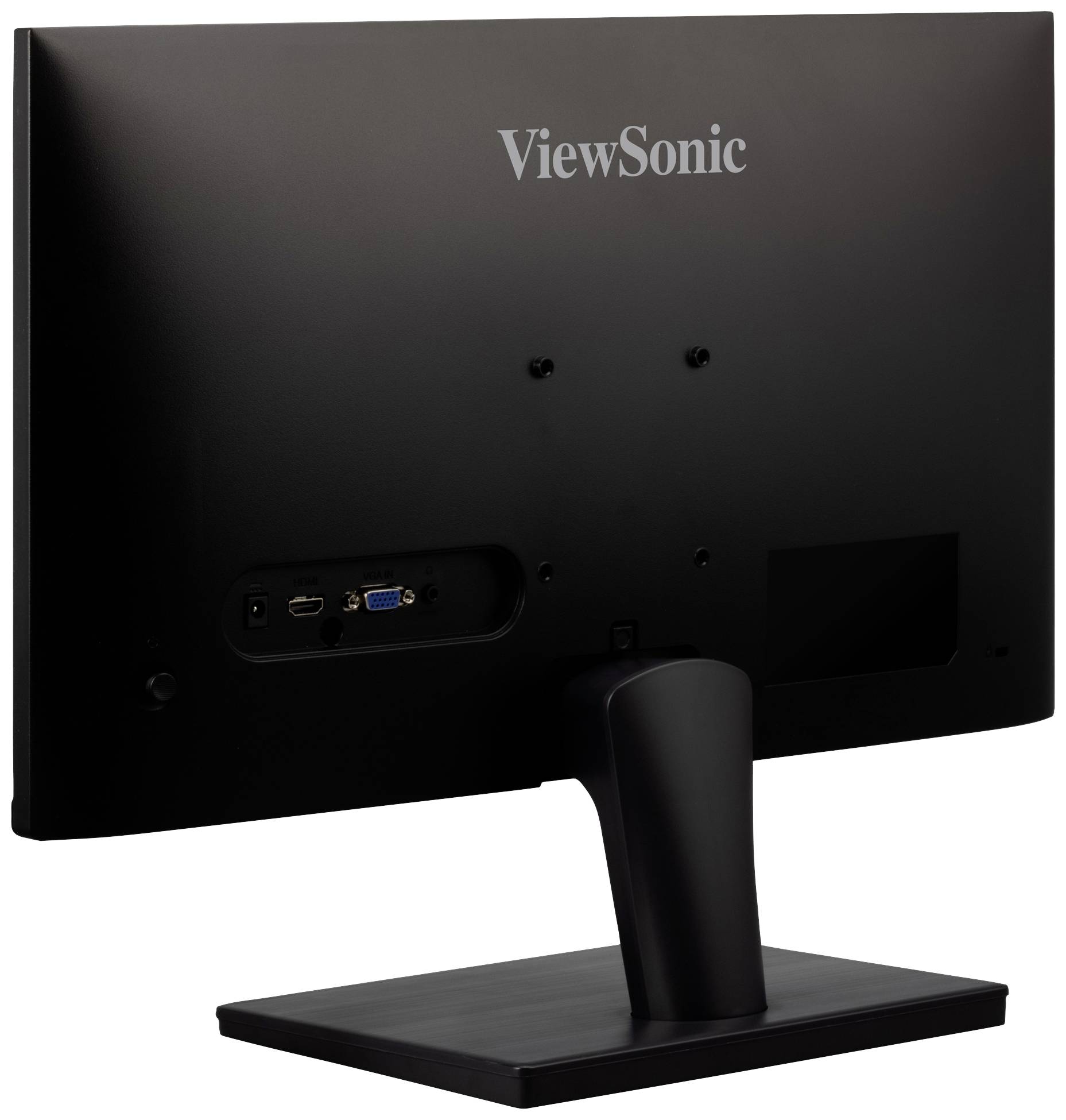 Pohled zezadu na černý monitor ViewSonic s HDMI a VGA porty na zadní připojovací liště.