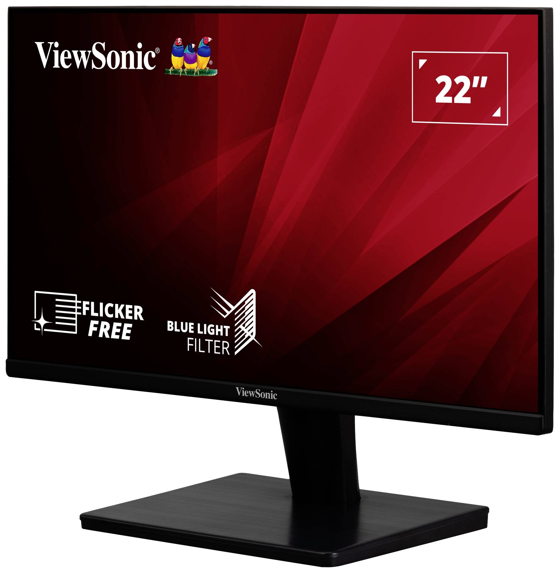 Monitor ViewSonic s 22palcovou obrazovkou. Obsahuje funkce jako je bez blikání a filtr modrého světla. Červené pozadí s logem.