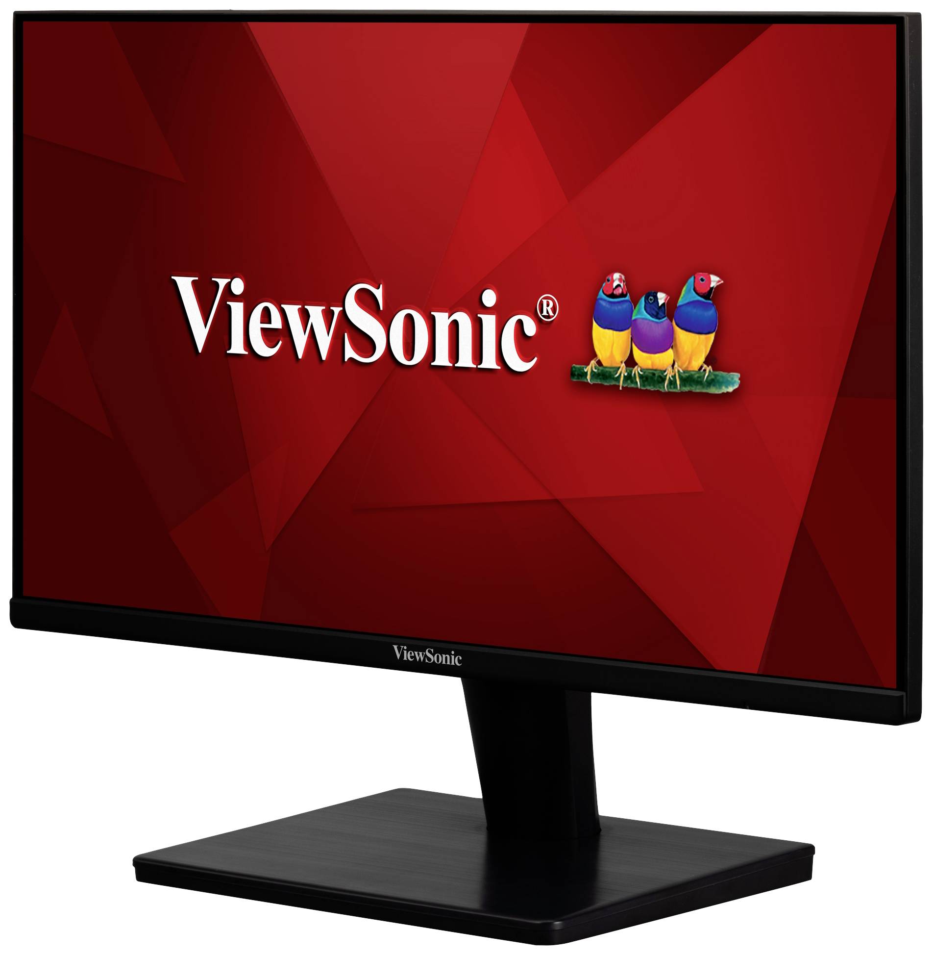 Počítačový monitor ViewSonic na červeném pozadí se třemi barevnými ptáky a logem ViewSonic umístěným uprostřed.