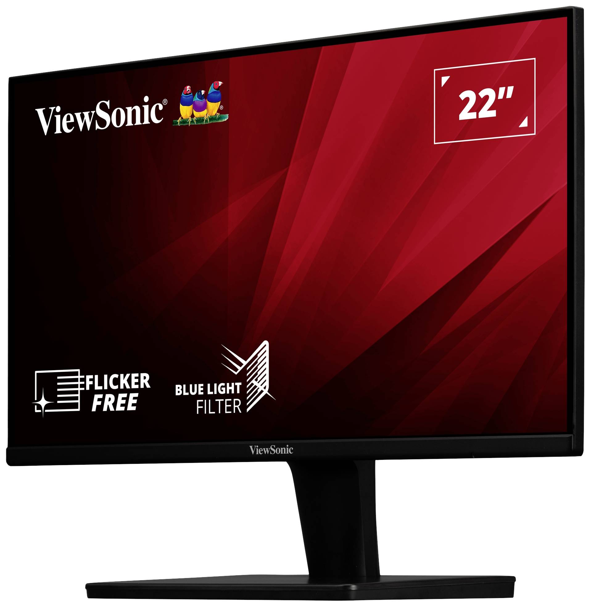 Monitor ViewSonic s 22palcovou obrazovkou, červeným pozadím a logy "Bez blikání" a "Filtr modrého světla".