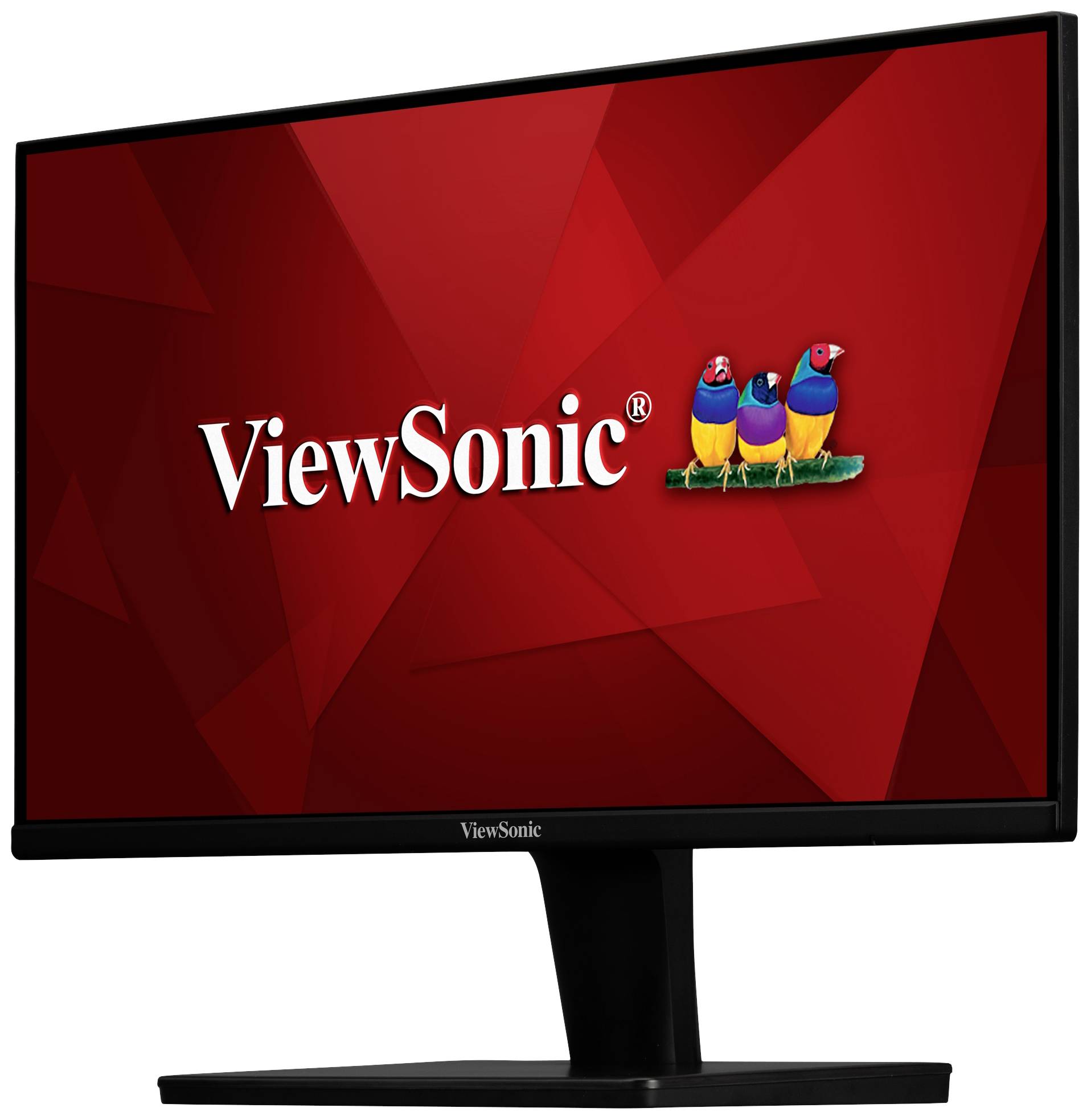 Monitor od ViewSonic s červeným pozadím obrazovky a logem zobrazujícím tři barevné ptáky.
